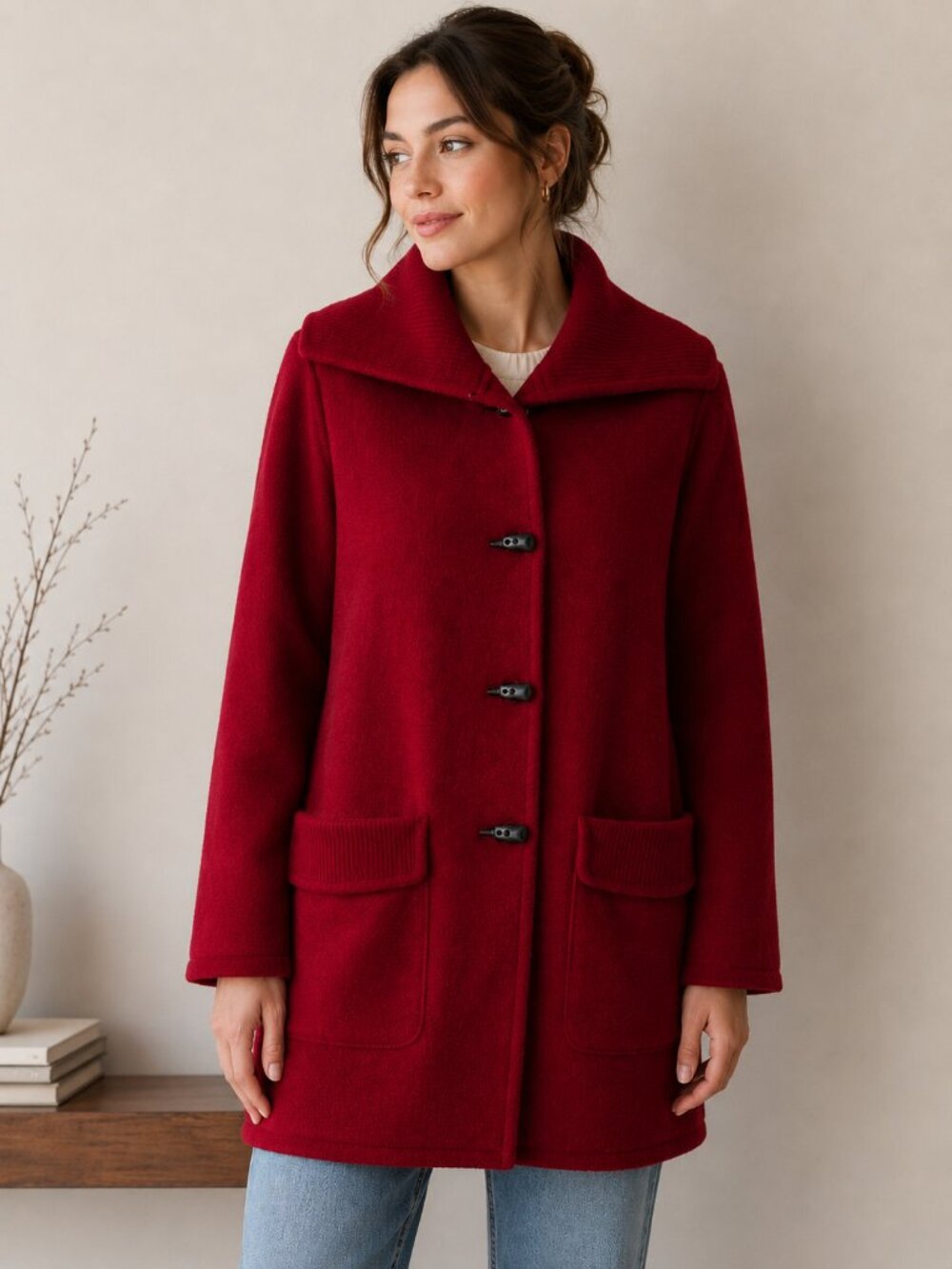 Kate Hill 100% Wool Coat Womens XL Red Toggle Duffle Coat Austrian Old Money